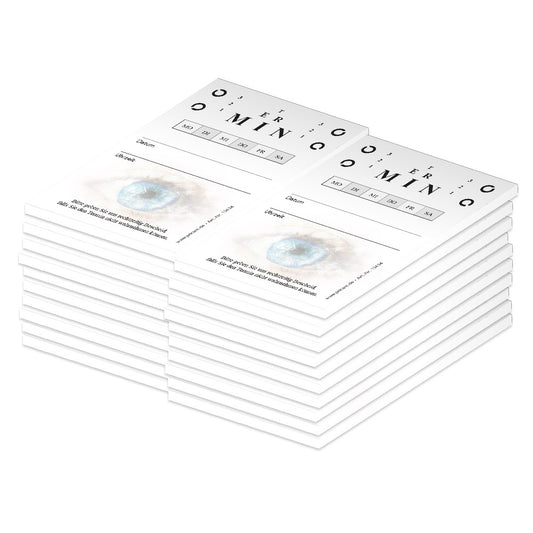 terminblöcke "sehtest" für augenärzte, weiß-graue optik, felder mo-so zum ankreuzen, spalten für datum und uhrzeit, freifeld für einen stempel, 20er set