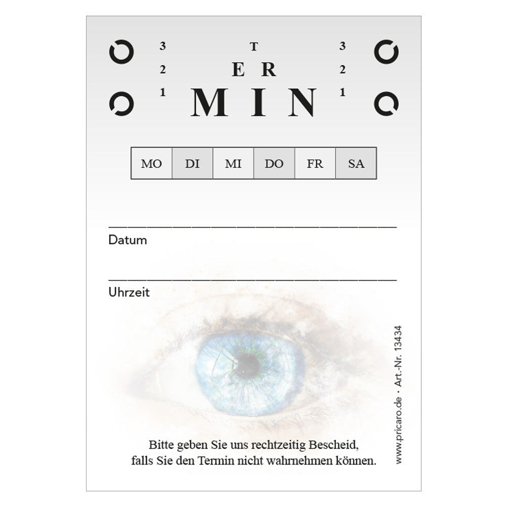 terminblöcke "sehtest" für augenärzte, weiß-graue optik, felder mo-so zum ankreuzen, spalten für datum und uhrzeit, freifeld für einen stempel, frontansicht