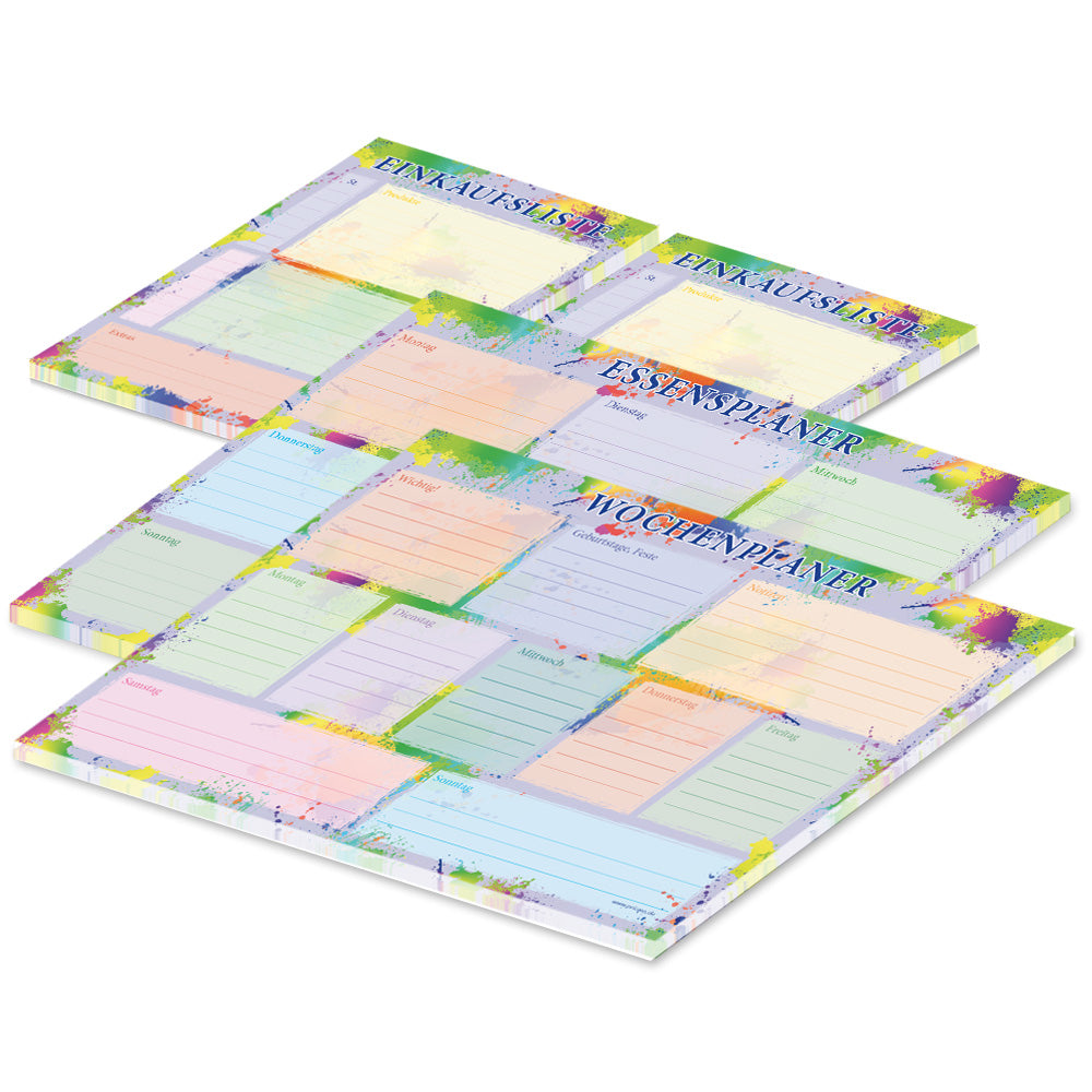 planer komplettset splash bestehend aus 1x wochenplaner splash, 1x essensplaner splash, 2x einkaufsliste splash, bunte optik