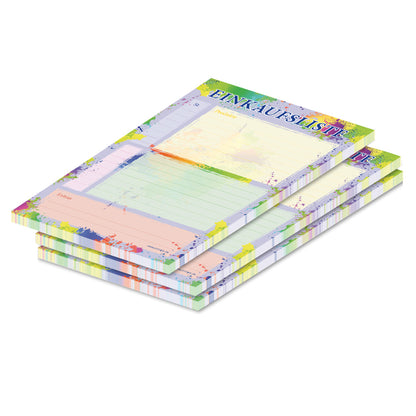 einkaufsliste splash, a5, bunte optik mit spalten für stück und produkte, 3er set