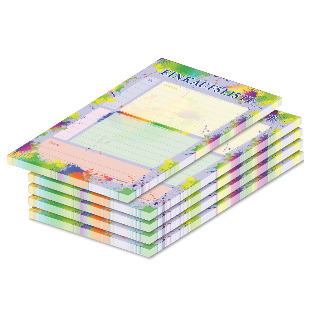 einkaufsliste splash, a6, bunte optik mit spalten für stück und produkte, 5er set