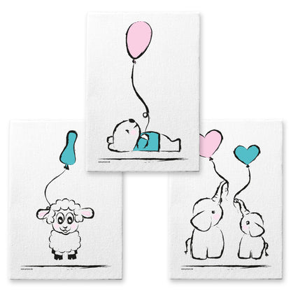 leinwand set "baby-girl", 3 verschiedene motive (schaf, bär, elefanten - mit luftballons), weiß-rosa, türkisfarbene optik