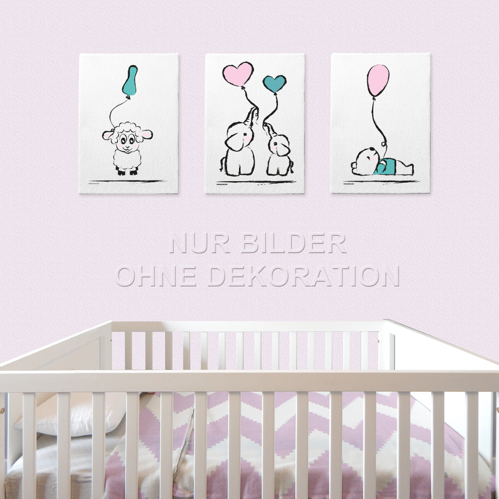 leinwand set "baby-girl", 3 verschiedene motive (schaf, bär, elefanten - mit luftballons), weiß-rosa, türkisfarbene optik, in kinderzimmer auf rosa tapete