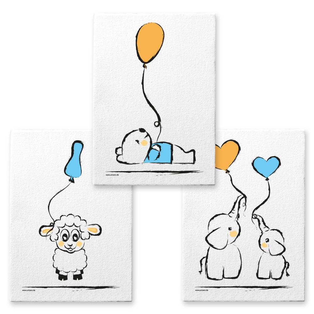 leinwand set "baby-boy", 3 verschiedene motive (schaf, bär, elefanten - mit luftballons), weiß-orange,blaue optik