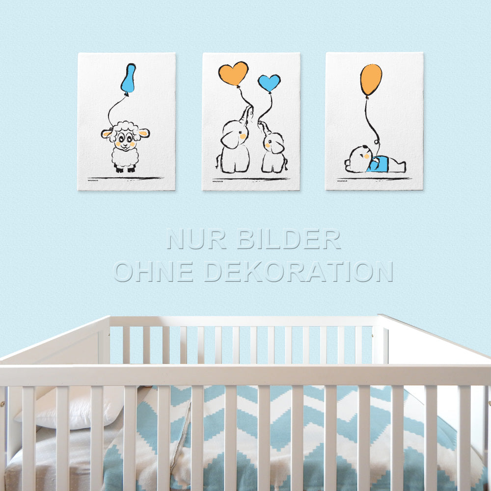 leinwand set "baby-boy", 3 verschiedene motive (schaf, bär, elefanten - mit luftballons), weiß-orange,blaue optik, in kinderzimmer mit blauer tapete