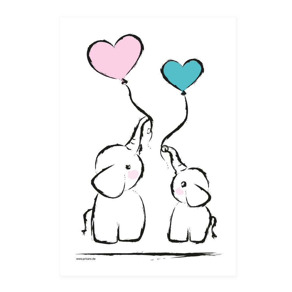 poster set "baby-girl", motiv elefanten mit luftballons, weiß-rosa, türkise optik
