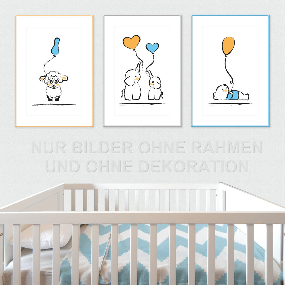 posterset "baby-boy", 3 verschiedene motive (schaf, bär, elefanten - mit luftballons), weiß-orange,blaue optik, in kinderzimmer auf grauer tapete