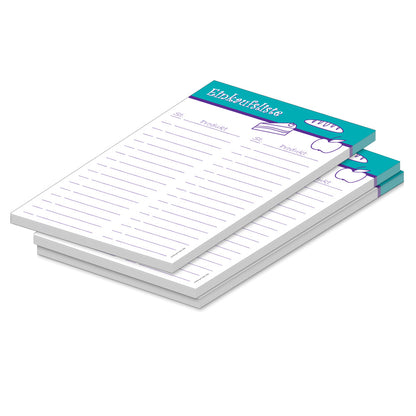 einkaufsliste food a5, türkis-weiße optik, mit aufgedruckten lebensmitteln und zeilen für stück und produkt, 3er set