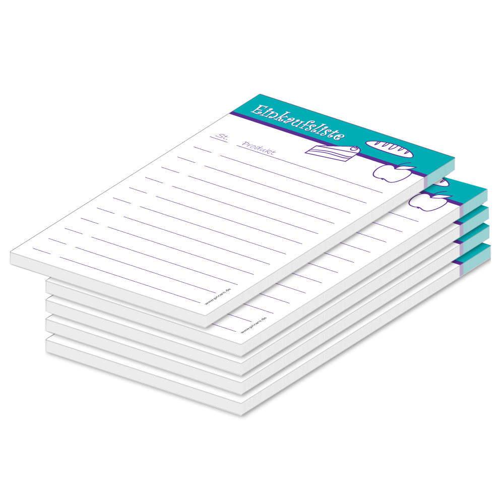 einkaufsliste food, a6, türkis-weiße optik mit aufgedruckten lebensmitteln, zeilen und spalten für stückzahl und artikel, 5er set