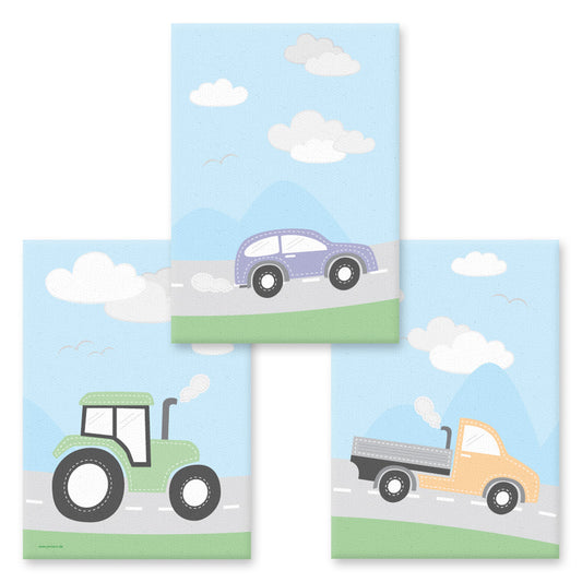 leinwand set "fahrzeuge", 3 verschiedene motive (traktor, auto und lkw), bunte optik