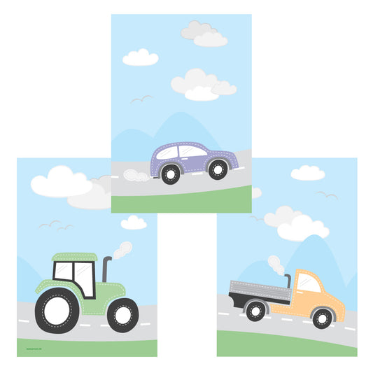 posterset "fahrzeuge", 3 verschiedene motive (traktor, auto und lkw), bunte optik