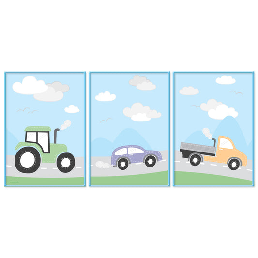 poster set "fahrzeuge", 3 verschiedene motive (traktor, auto und lkw), bunte optik