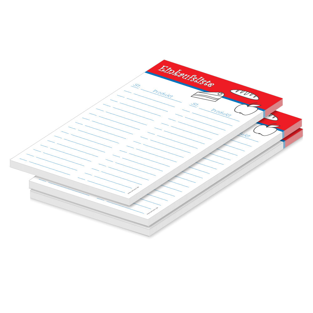 einkaufsliste food, a5, rot-weiße optik mit aufgedruckten lebensmitteln, zeilen und spalten für stückzahl und artikel, 3er set