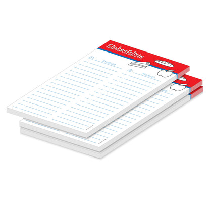 einkaufsliste food, a5, rot-weiße optik mit aufgedruckten lebensmitteln, zeilen und spalten für stückzahl und artikel, 3er set