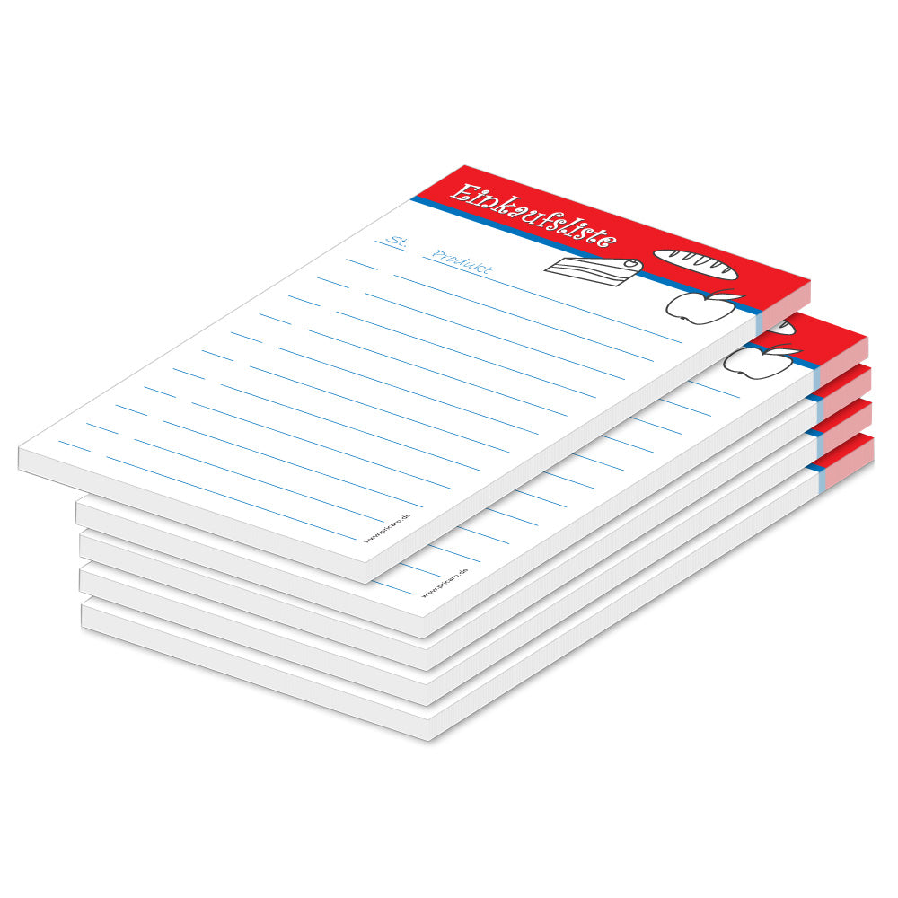 einkaufsliste food, a6, rot-weiße optik mit aufgedruckten lebensmitteln, zeilen und spalten für stückzahl und artikel, 5er set