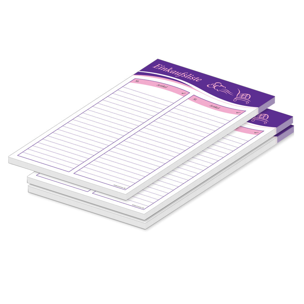 einkaufsliste speed a5, lila mit rosa aufgedrucktem einkaufswagen spalten für stück und artikel, 3er set