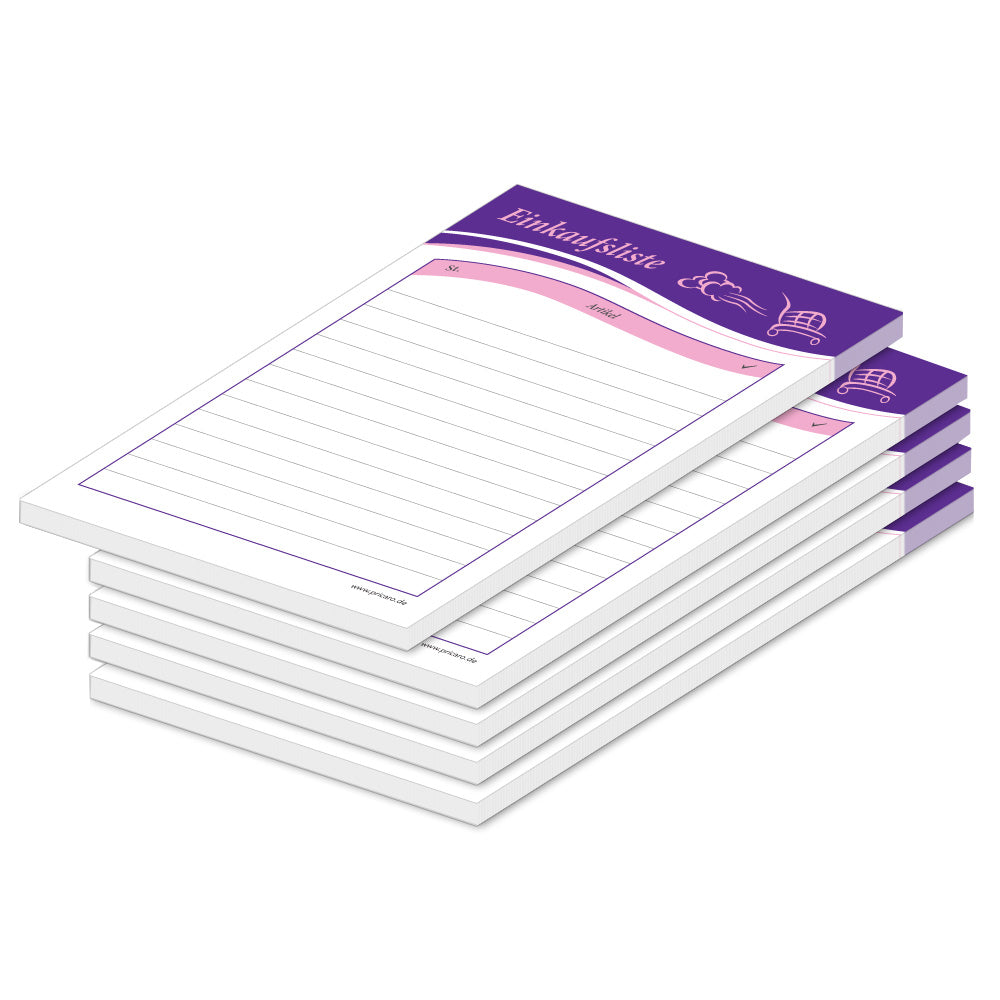 einkaufsliste speed a6, lila mit rosa aufgedrucktem einkaufswagen spalten für stück und artikel, 5er set