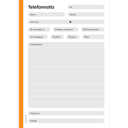 telefonnotizblock orange, ungelocht, orange-graue optik mit platz für datum, anruferinfos und anmerkungen, front ansicht