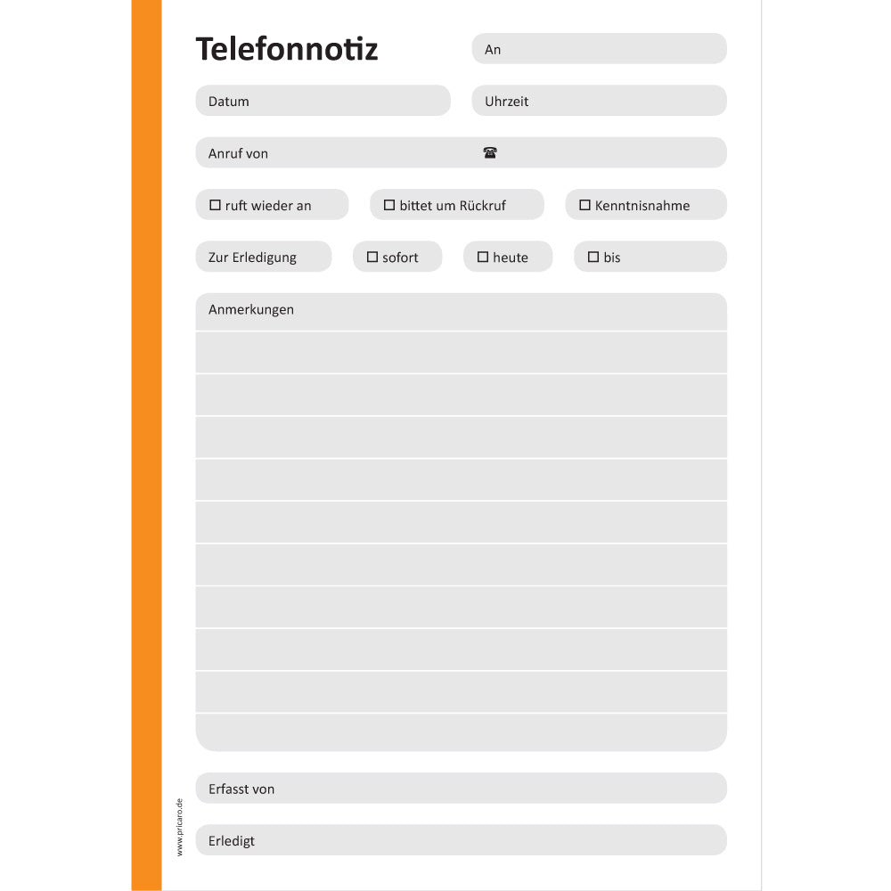 telefonnotizblock orange, ungelocht, orange-graue optik mit platz für datum, anruferinfos und anmerkungen, front ansicht