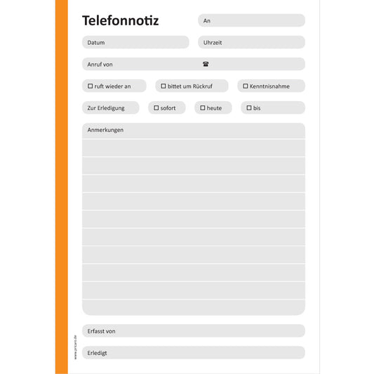 telefonnotizblock orange, ungelocht, orange-graue optik mit platz für datum, anruferinfos und anmerkungen, front ansicht