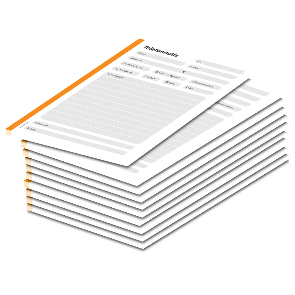 telefonnotizblock orange, ungelocht, orange-graue optik mit platz für datum, anruferinfos und anmerkungen, 10er set