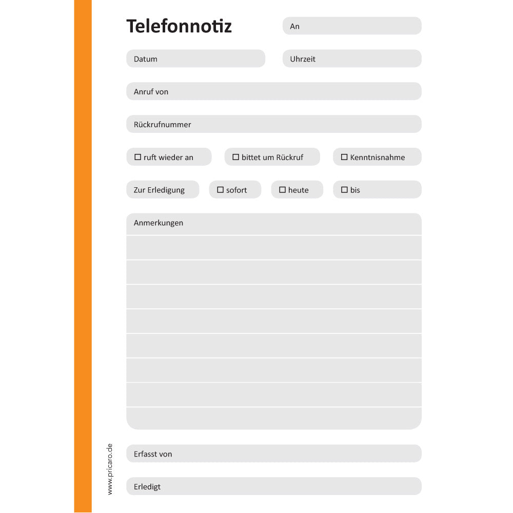 telefonnotizblock orange, ungelocht, orange-graue optik mit platz für datum, anruferinfos und anmerkungen, front ansicht