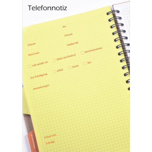 telefonnotizblock planer, gelbe optik mit platz für datum, anruferinfos und anmerkungen, front ansicht