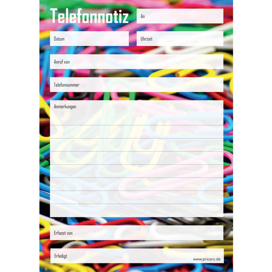 telefonnotizblock büroklammer, bunte optik mit platz für datum, anruferinfos und anmerkungen, front ansicht