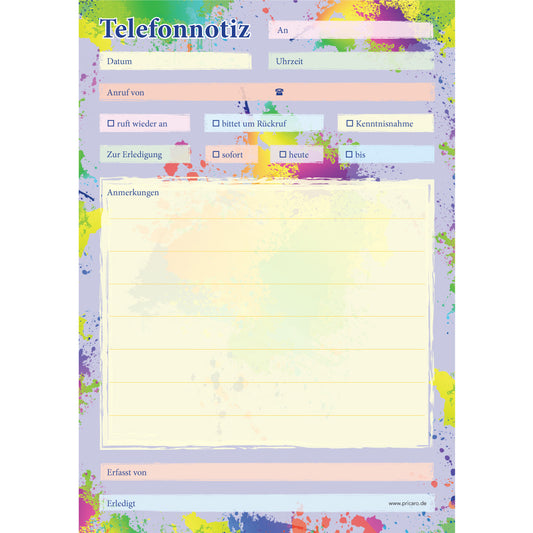 telefonnotizblock splash, bunte optik mit platz für datum, anruferinfos und anmerkungen, front ansicht