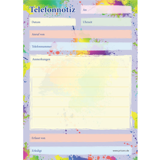 telefonnotizblock splash, bunte optik mit platz für datum, anruferinfos und anmerkungen, front ansicht