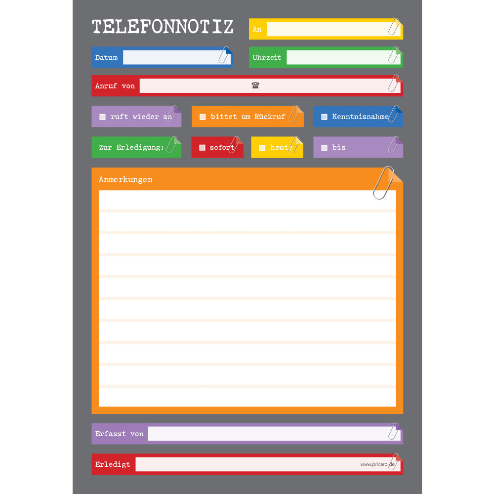 telefonnotizblock perfekt, grau-bunte optik, mit platz für datum, anruferinfos und anmerkungen, front ansicht