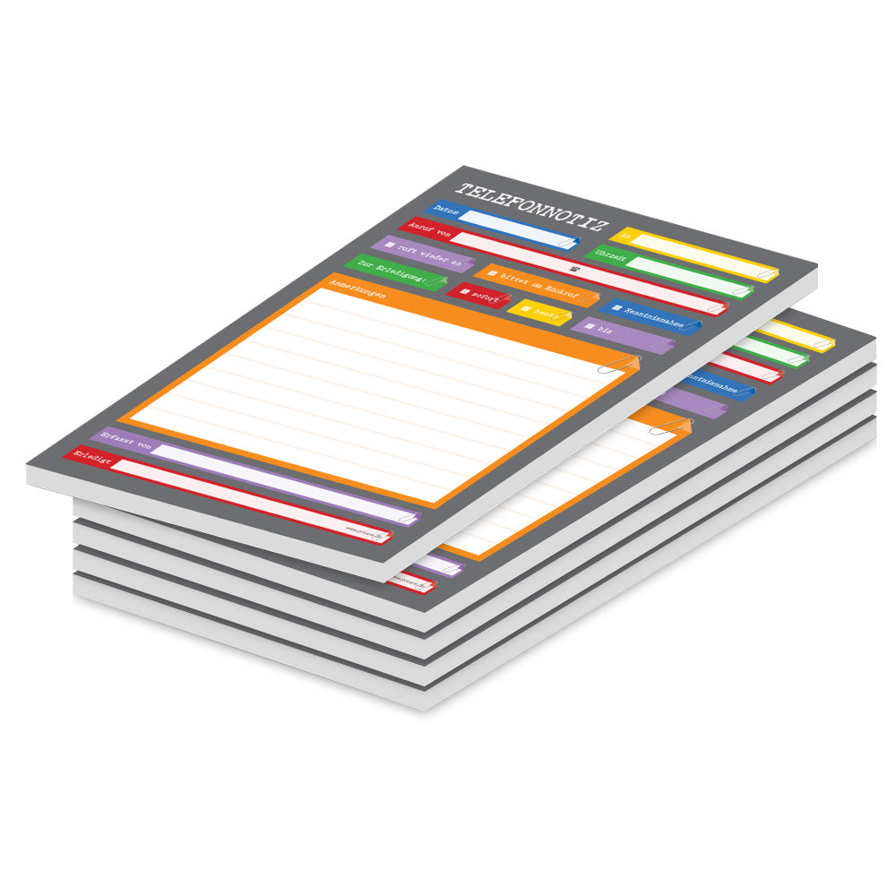 telefonnotizblock perfekt, grau-bunte optik, mit platz für datum, anruferinfos und anmerkungen, 5er set