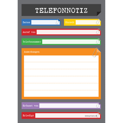 telefonnotizblock perfekt, grau-bunte optik, mit platz für datum, anruferinfos und anmerkungen, front ansicht