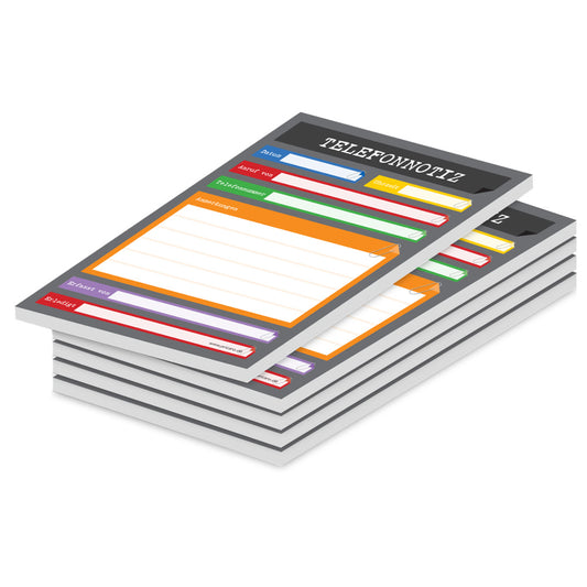 telefonnotizblock perfekt, grau-bunte optik, mit platz für datum, anruferinfos und anmerkungen, 5er set
