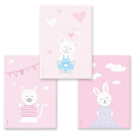 leinwand set "tier harmonie" 3 verschiedene tiermotive auf rosafarbenem hintergrund (katze, teddy, hase)