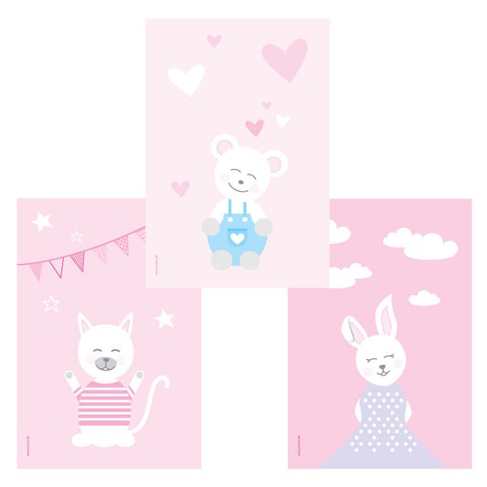 poster set "tier harmonie" 3 verschiedene tiermotive auf rosafarbenem hintergrund (katze, teddy, hase)