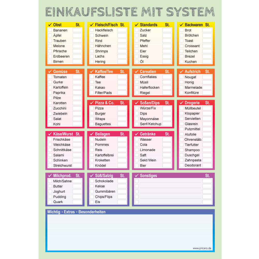 einkaufsliste system bunt, mit aufgeführten lebensmitteln und feldern zum ankreuzen, welches lebensmittel benötigt wird, bunte optik, frontansicht