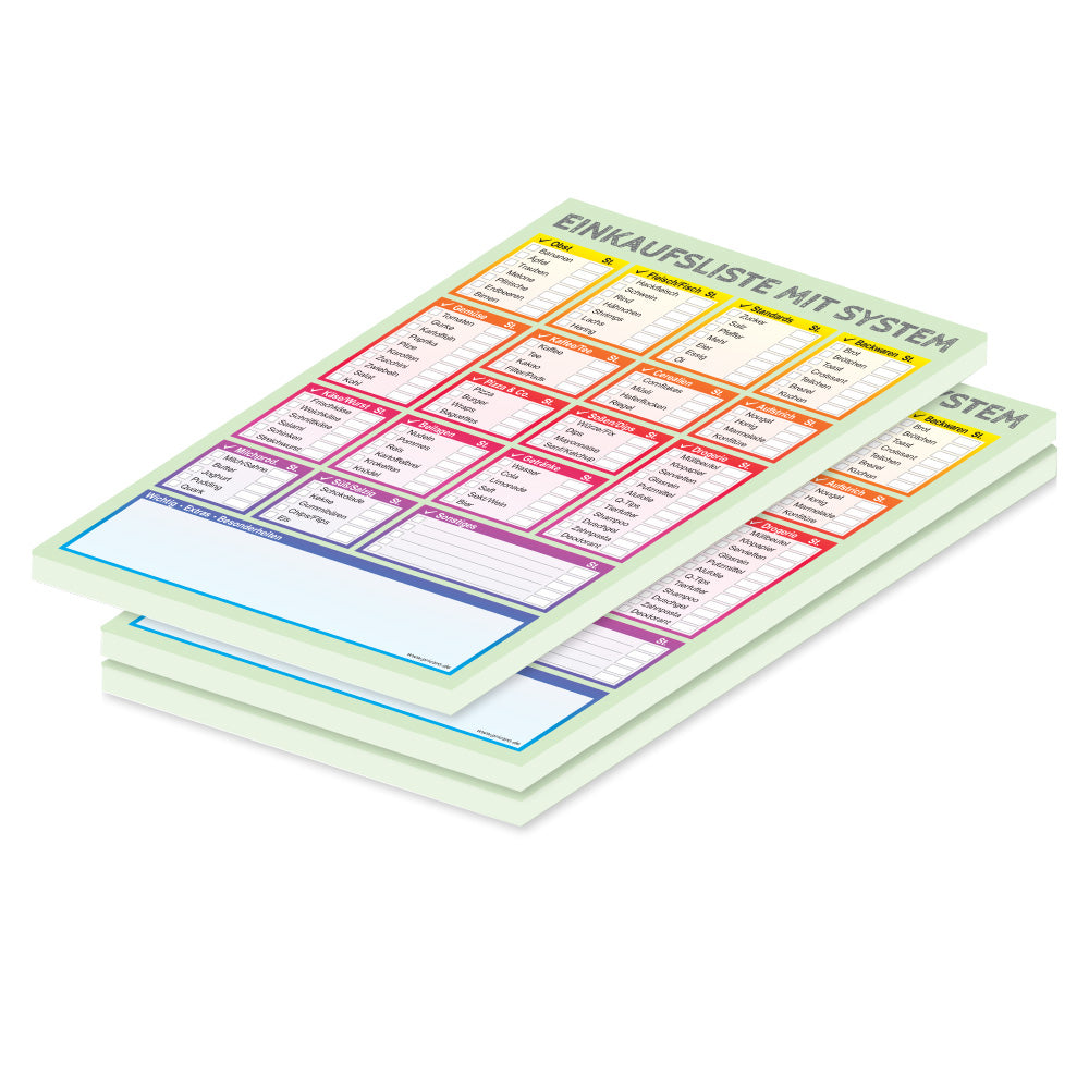 einkaufsliste system bunt a5, mit aufgeführten lebensmitteln und feldern zum ankreuzen, welches lebensmittel benötigt wird, bunte optik,3er set