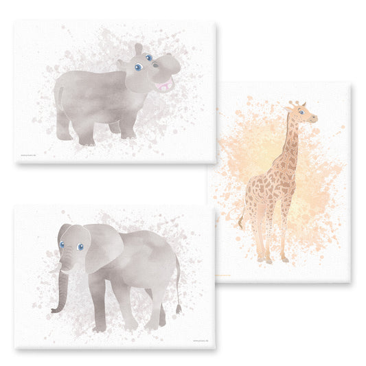leinwand set "afrika tiere" 3 verschiedene tiermotive auf weißem hintergrund (nilpferd, giraffe, elefant)