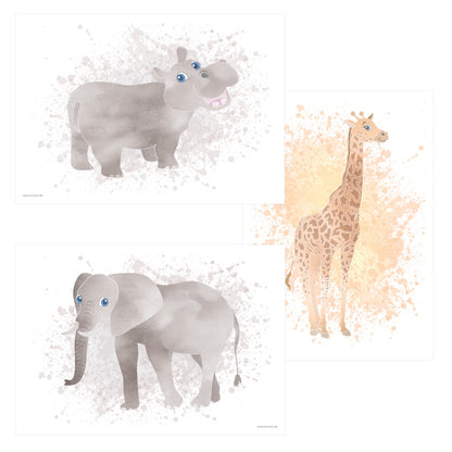 posterset "afrika tiere" 3 verschiedene tiermotive auf weißem hintergrund (nilpferd, giraffe, elefant)