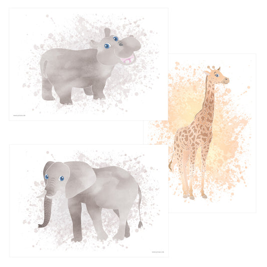 posterset "afrika tiere" 3 verschiedene tiermotive auf weißem hintergrund (nilpferd, giraffe, elefant)