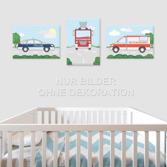 leinwand set "freund und helfer", 3 verschiedene motive (polizei, feuerwehr und rettungsdienst), bunte optik, in kinderzimmer auf grauer tapete