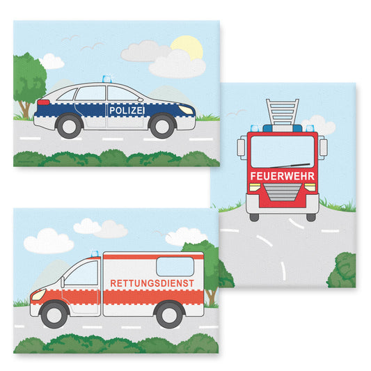 leinwand set "freund und helfer", 3 verschiedene motive (polizei, feuerwehr und rettungsdienst), bunte optik