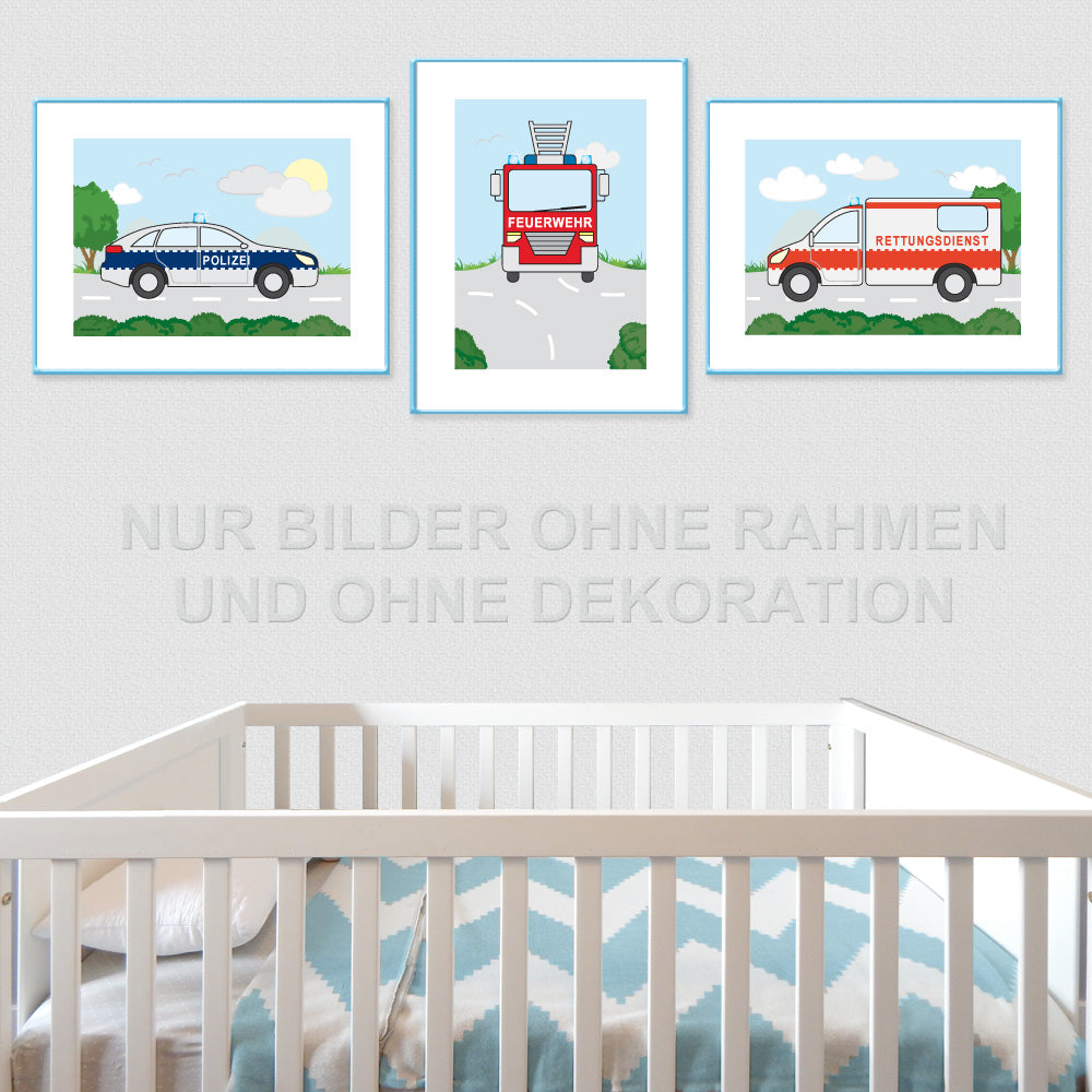 posterset "freund und helfer", 3 verschiedene motive (polizei, feuerwehr und rettungsdienst), bunte optik, in kinderzimmer auf grauer tapete