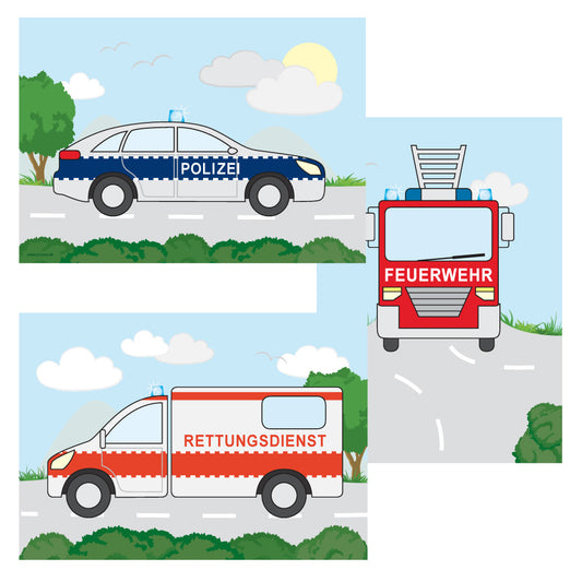 posterset "freund und helfer", 3 verschiedene motive (polizei, feuerwehr und rettungsdienst), bunte optik