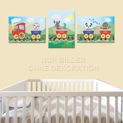 leinwand set "abenteuerreise", 3 verschiedene motive (faultier, reh, panda und affe in eisenbahn), bunte optik, in kinderzimmer auf gelber tapete