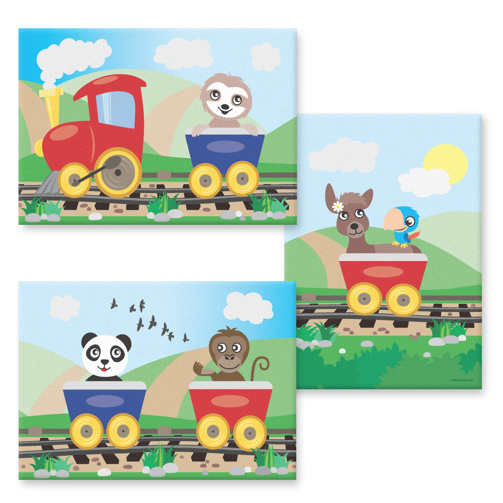 leinwand set "abenteuerreise", 3 verschiedene motive (faultier, reh, panda und affe in eisenbahn), bunte optik