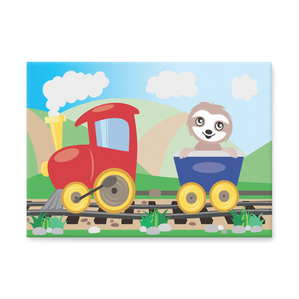 leinwand set "abenteuerreise",motiv faultier in eisenbahn, bunte optik