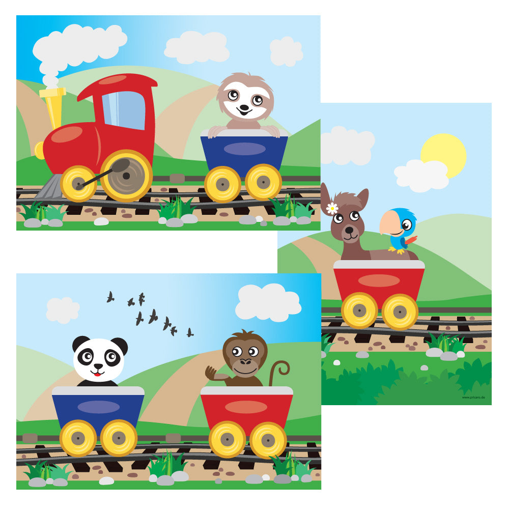 posterset "abenteuerreise", 3 verschiedene motive (faultier, reh, panda und affe in eisenbahn), bunte optik