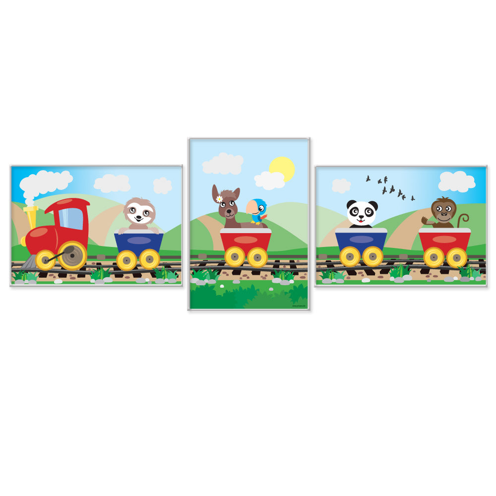 posterset "abenteuerreise", 3 verschiedene motive (faultier, reh, panda und affe in eisenbahn), bunte optik
